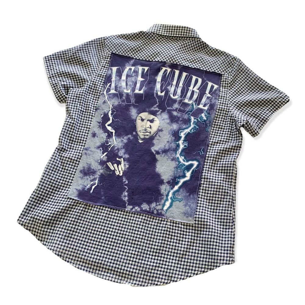 Reworked Apparel Ice Cube Tie Dye Gingham Button Down Shirt Upcycled Size Large